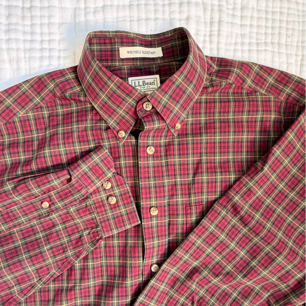 LL Bean Plaid Button Down Shirt Mens Medium Wrinkle Resistant Cotton
